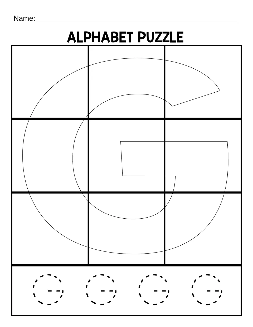 Uppercase G puzzle mat for matching nine cut-out pieces, with four dotted capital G letters to trace