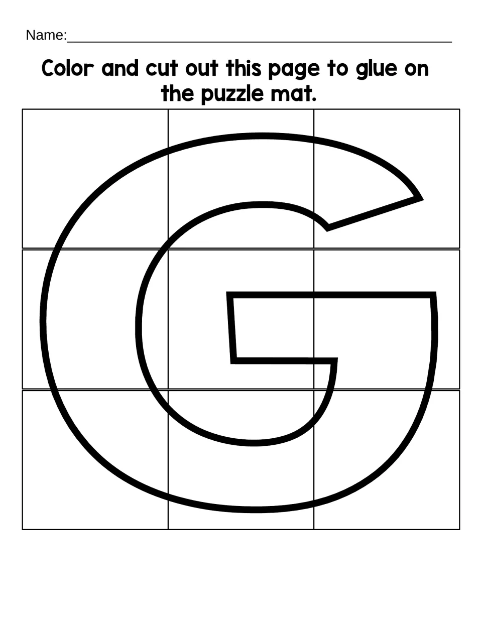 Uppercase G cutting sheet with nine puzzle pieces to color, cut out, and glue onto the matching letter mat
