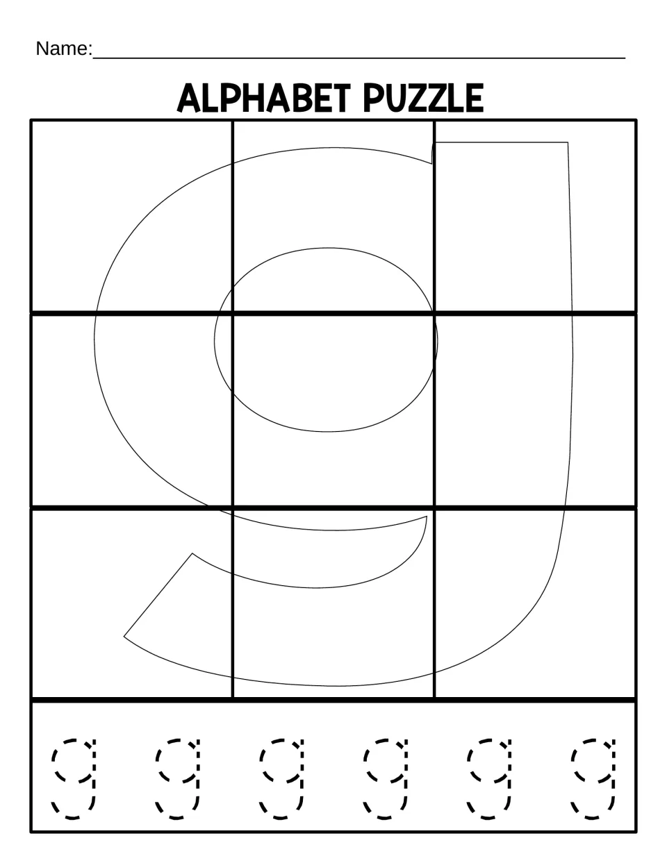 Lowercase g puzzle mat for matching nine cut-out pieces, with six dotted lowercase g letters to trace