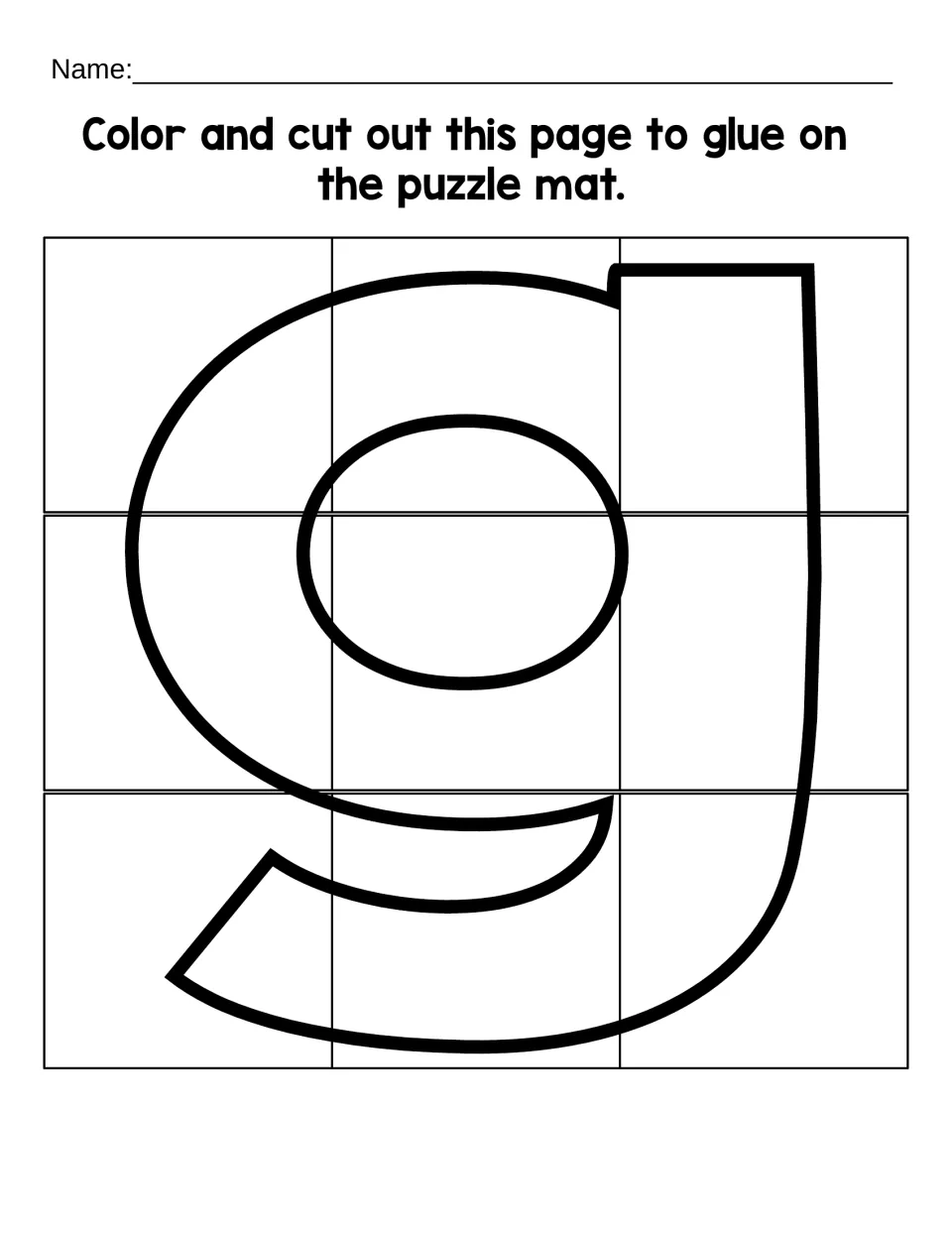 Lowercase g cutting sheet with nine puzzle pieces to color, cut out, and glue onto the matching letter mat