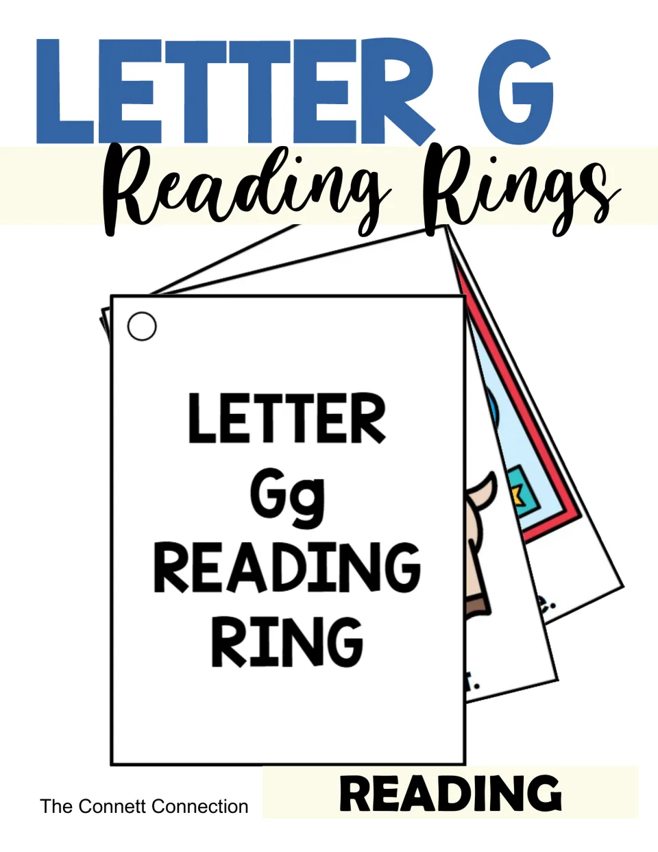 Cover of Letter G Reading Rings: a fanned stack of hole-punched picture cards topped by a Letter Gg Reading Ring card