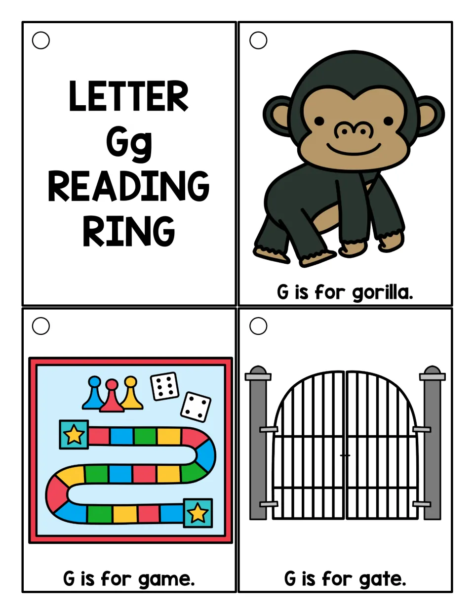 Beginning sound G cards in color: Gg title card plus gorilla, game and gate pictures, each with a 'G is for' sentence