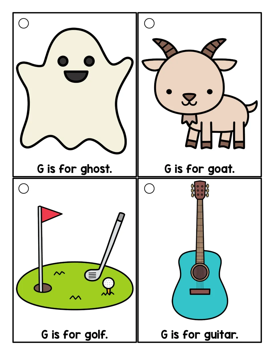 Color G sound cards for ghost, goat, golf and guitar, each picture above a simple 'G is for' sentence for early readers