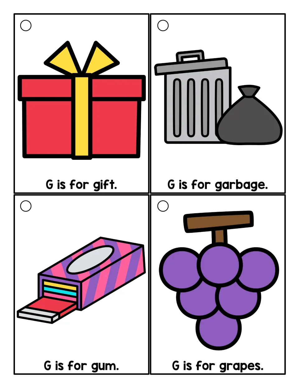Color G sound cards for gift, garbage, gum and grapes; children read each 'G is for' sentence using the picture clue