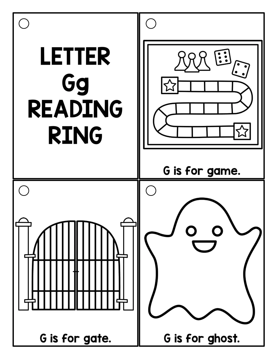 Black-and-white Gg title card with game, gate and ghost pictures for students to color, each with a 'G is for' line