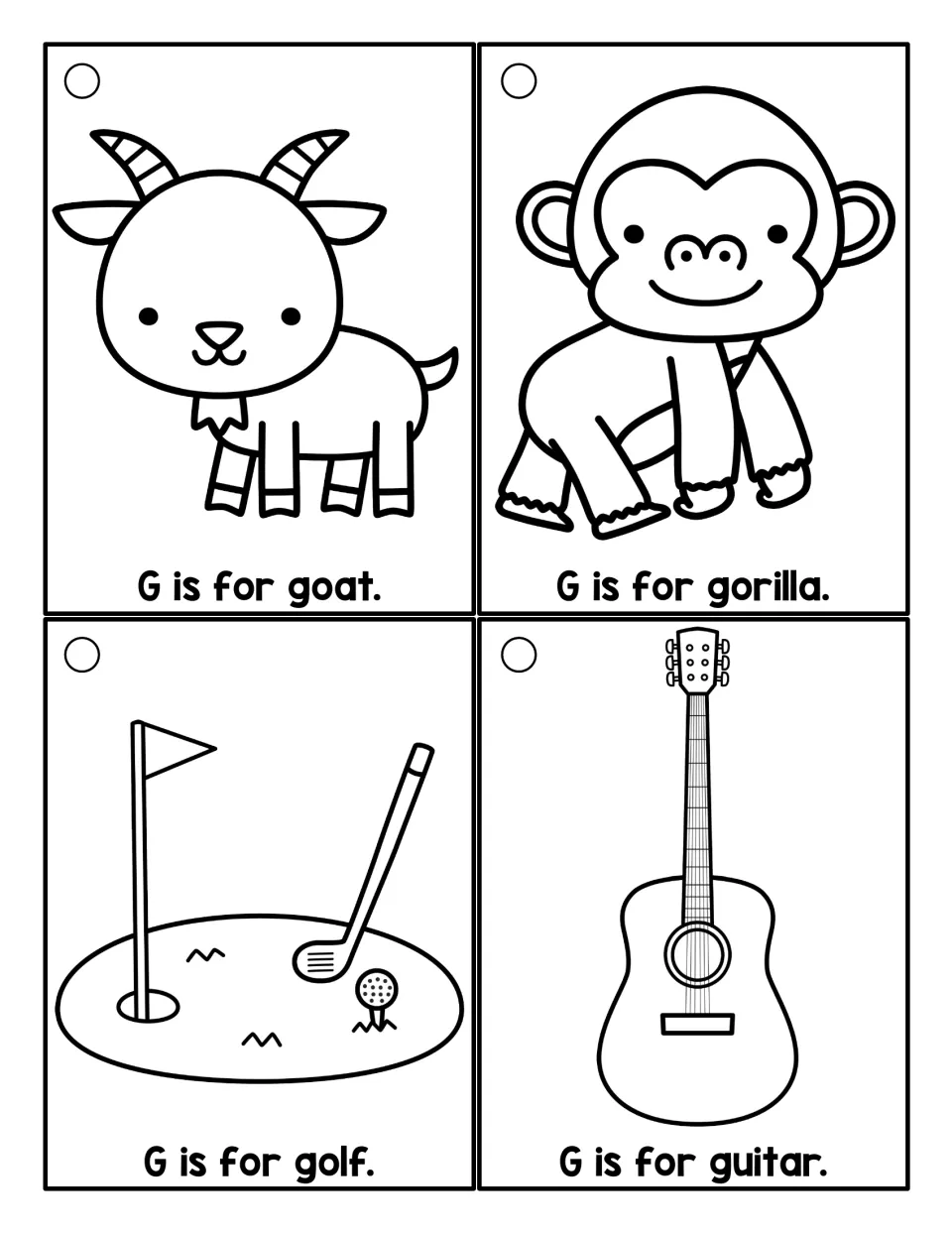 Outline G cards to color showing a goat, gorilla, golf green and guitar, each labeled with its 'G is for' sentence