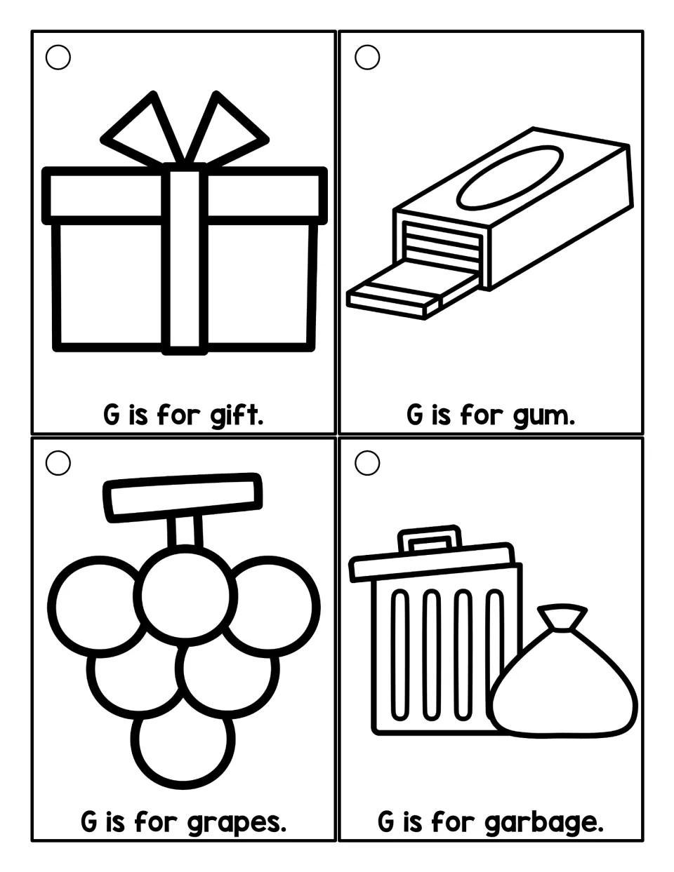 Outline G cards to color showing a gift, a pack of gum, grapes and a garbage can, each with a 'G is for' sentence