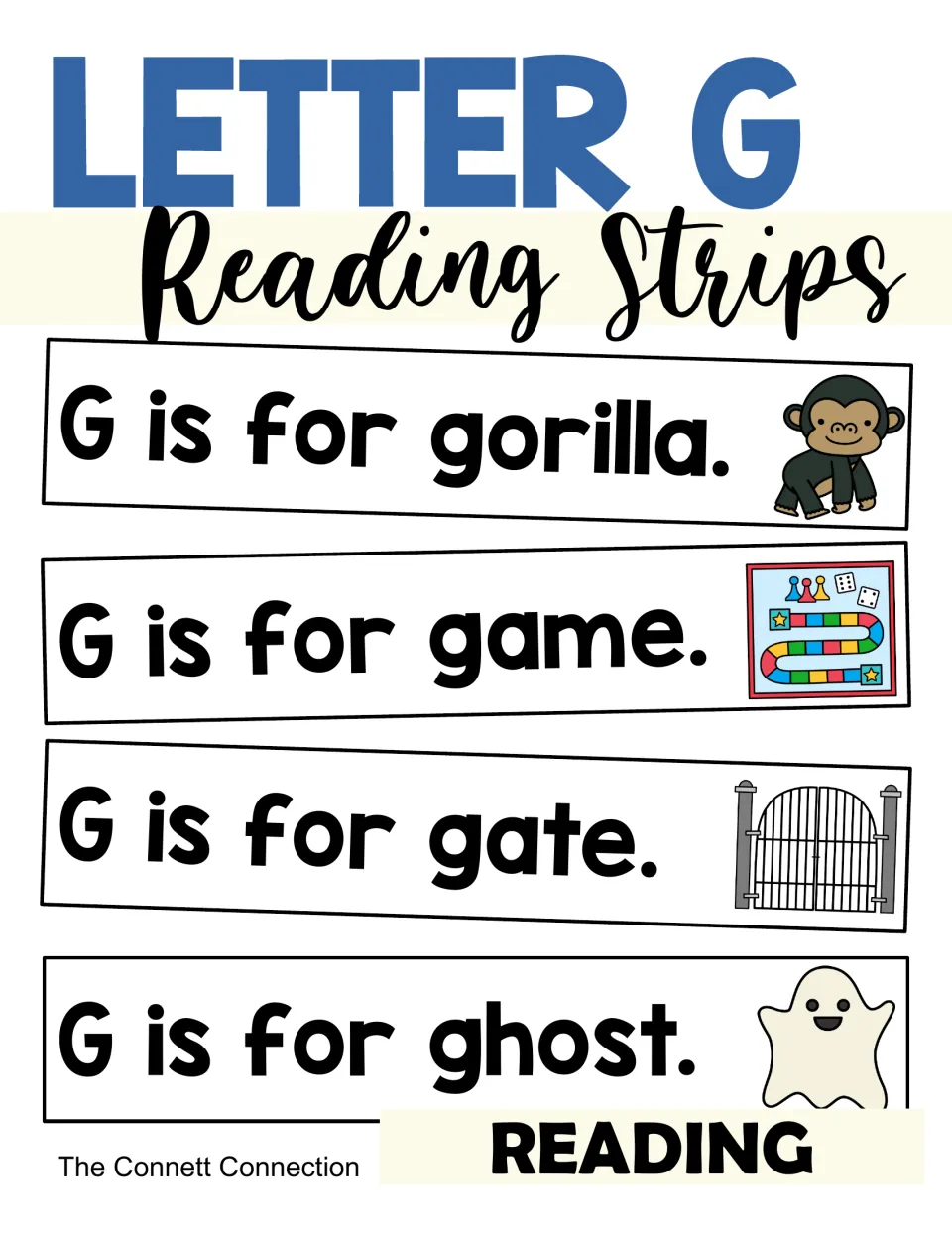 Letter G reading strips: students read G is for gorilla, game, gate and ghost, each sentence with a matching picture