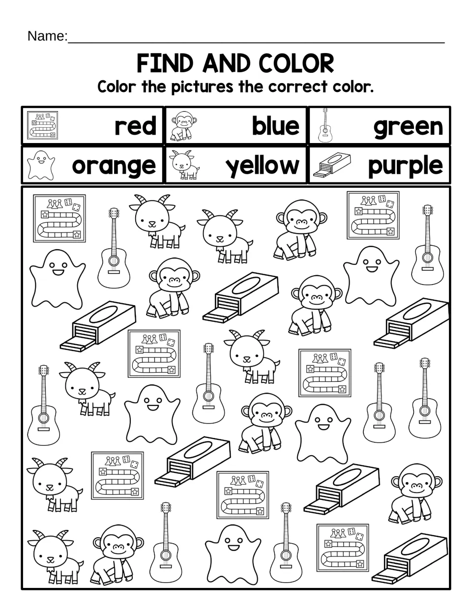 Find and Color sheet: color games red, gorillas blue, guitars green, ghosts orange, goats yellow, and gum purple