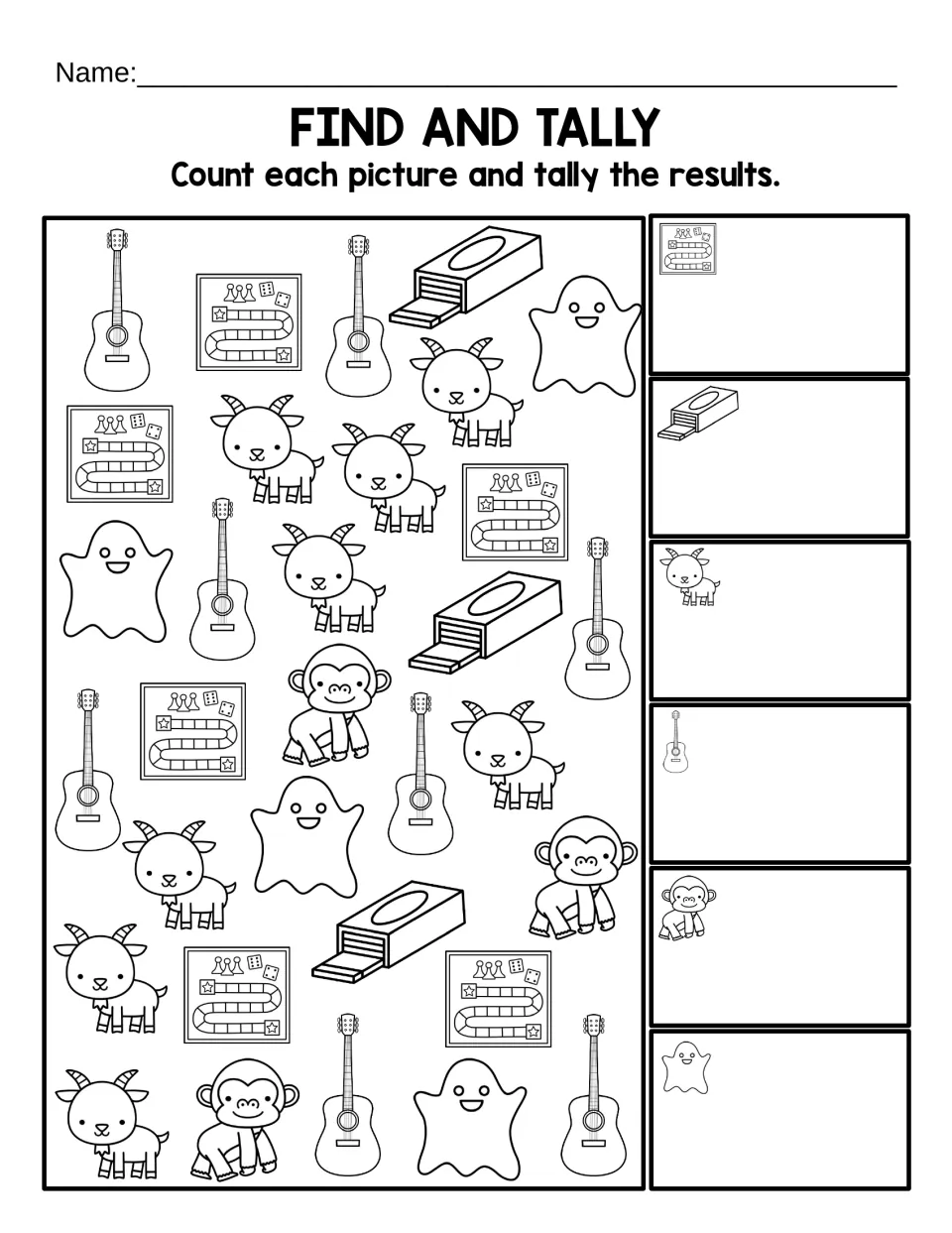 Find and Tally sheet: count black-and-white pictures of games, gum, goats, guitars, gorillas, and ghosts