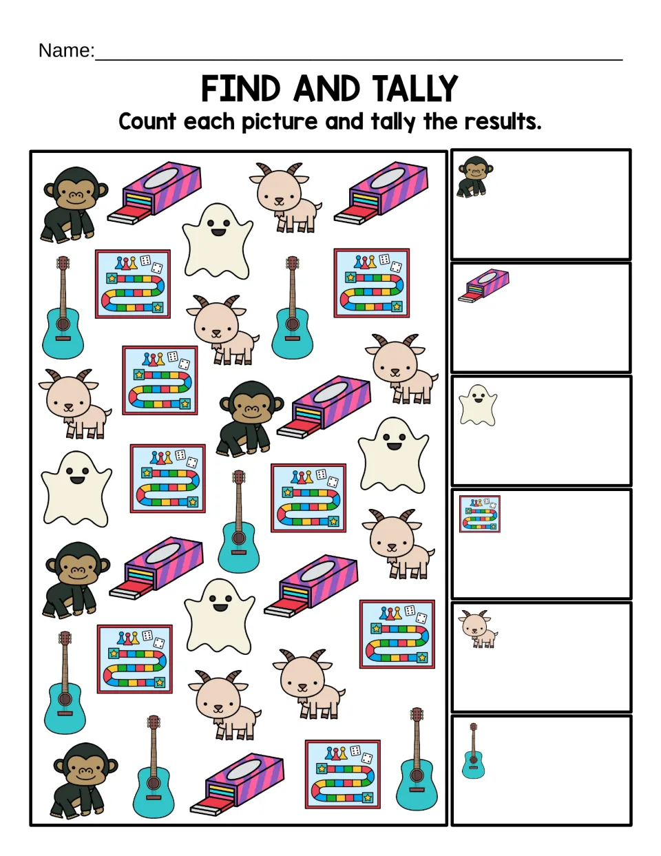 Find and Tally sheet: count colored pictures of gorillas, gum, ghosts, games, goats, and guitars