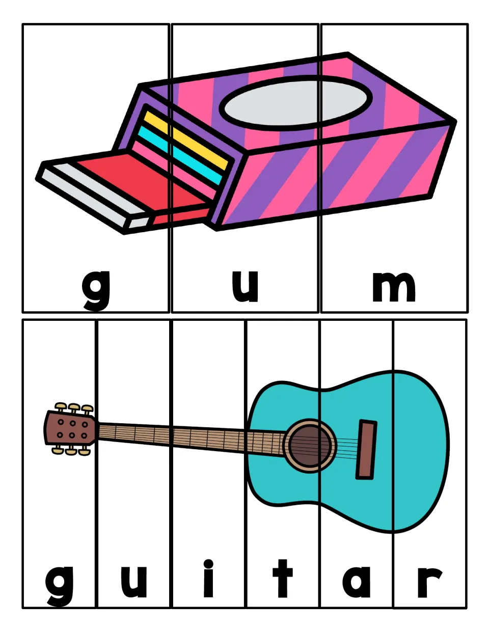 Spelling puzzles for gum and guitar: students cut the strips apart, then order the letters to rebuild each picture and word