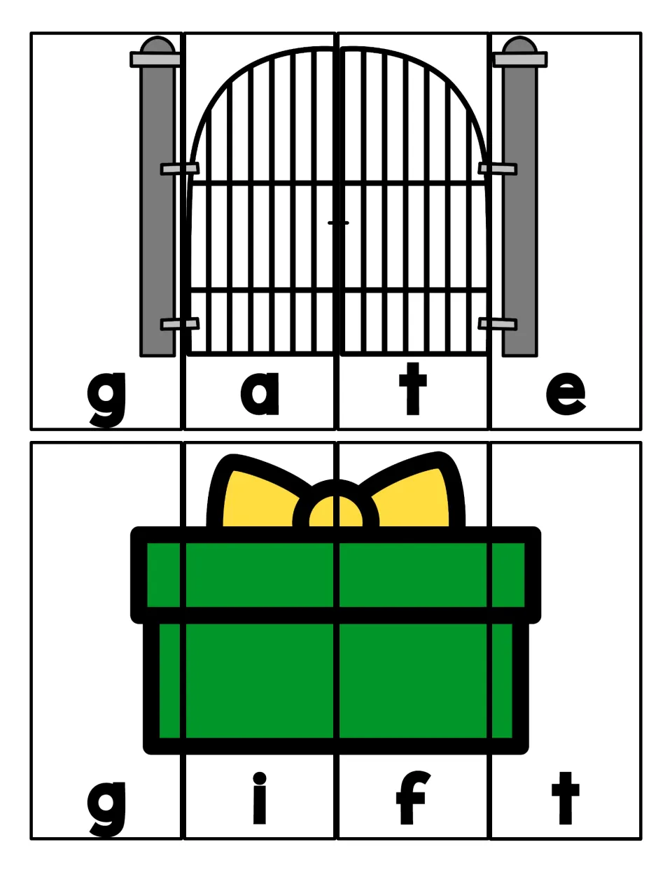 Strip puzzles for gate and gift: children order the letter strips to spell g-a-t-e and g-i-f-t and rebuild each picture