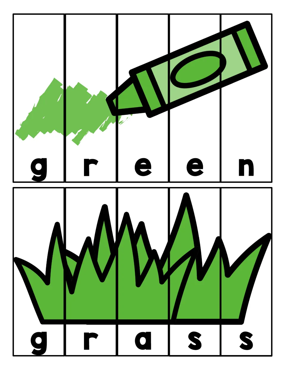 Picture puzzles for green and grass: learners arrange five letter strips to spell each word under a crayon or grass picture