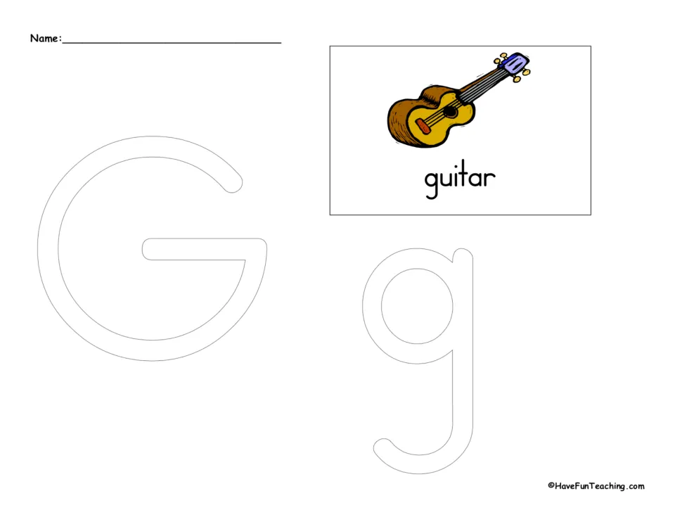 Letter G tracing practice featuring outlined uppercase G and lowercase g, plus a guitar labeled 'guitar'.