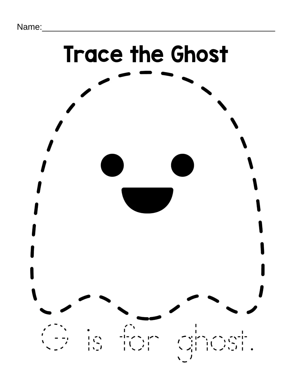 Trace the Ghost: students trace a dashed smiling ghost outline and the sentence G is for ghost for letter G practice