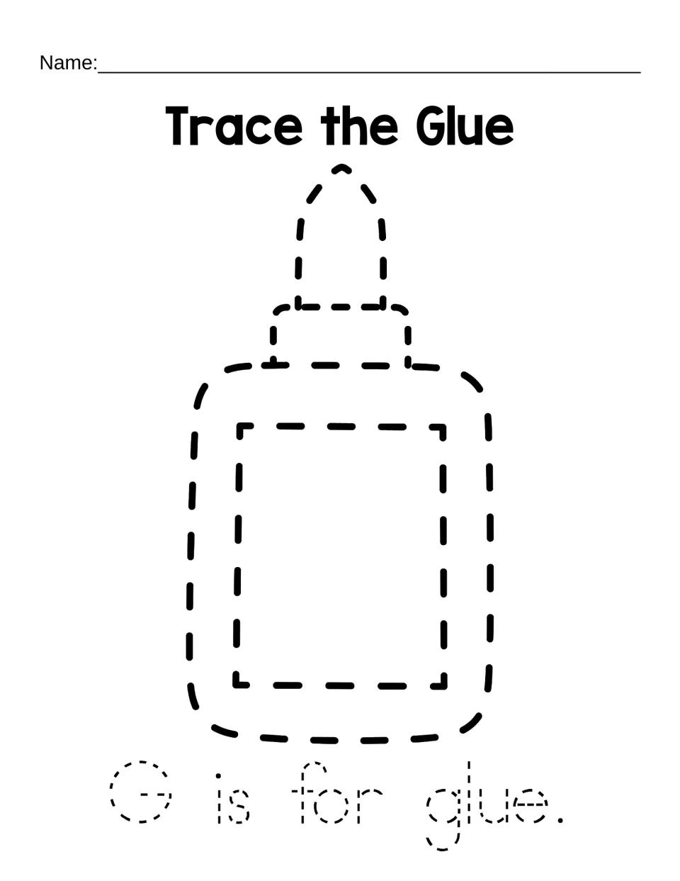 Trace the Glue: students trace a dashed glue bottle outline and the dotted sentence G is for glue to practise writing G
