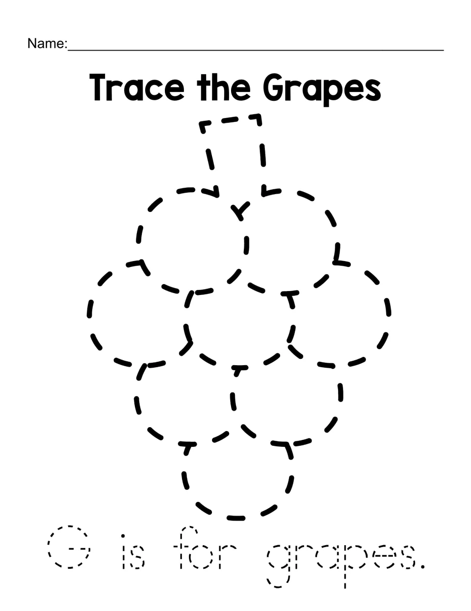 Trace the Grapes: students trace a dashed bunch of grapes and the dotted sentence G is for grapes to practise forming G