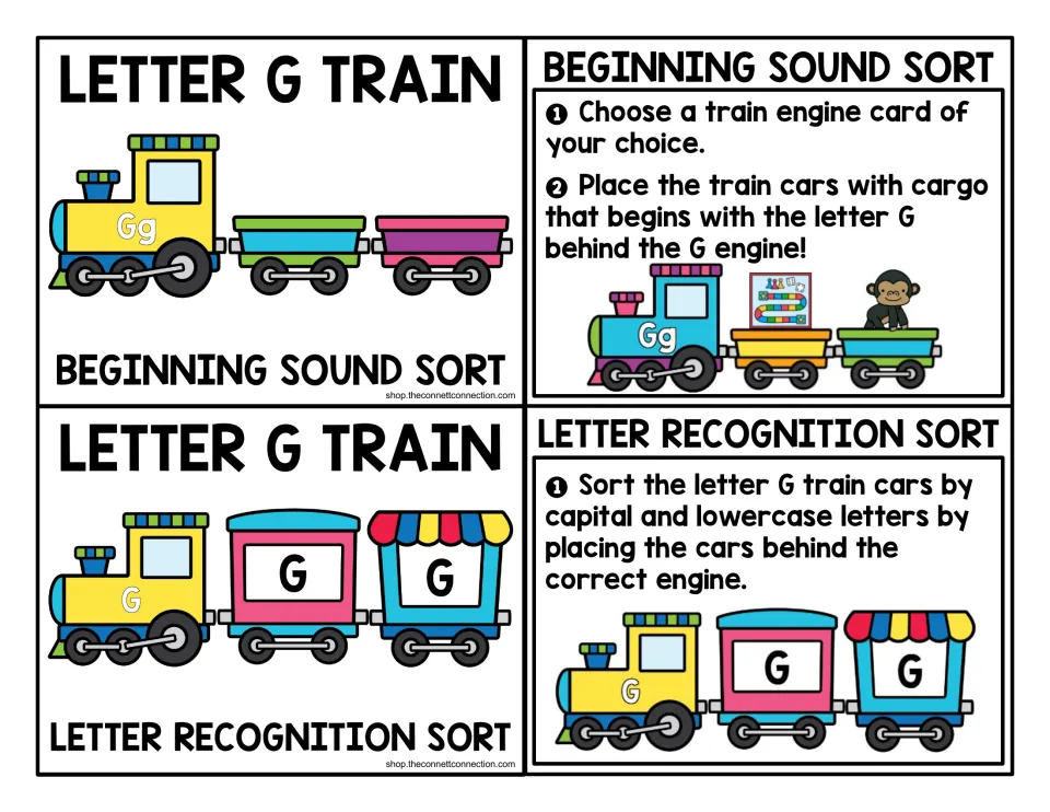 Letter G train title and direction cards for a beginning sound sort and a capital and lowercase letter recognition sort