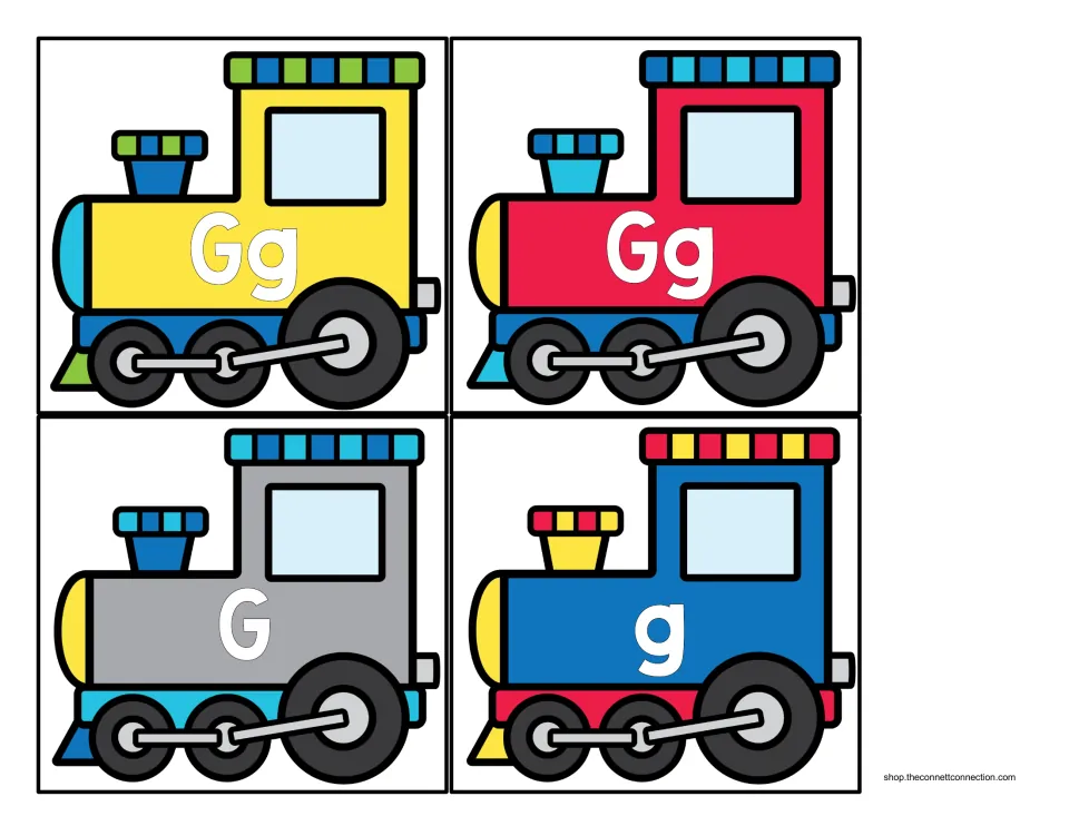 Engine cards to cut out in yellow, red, gray and blue: two show both letter forms, one capital only, one lowercase only
