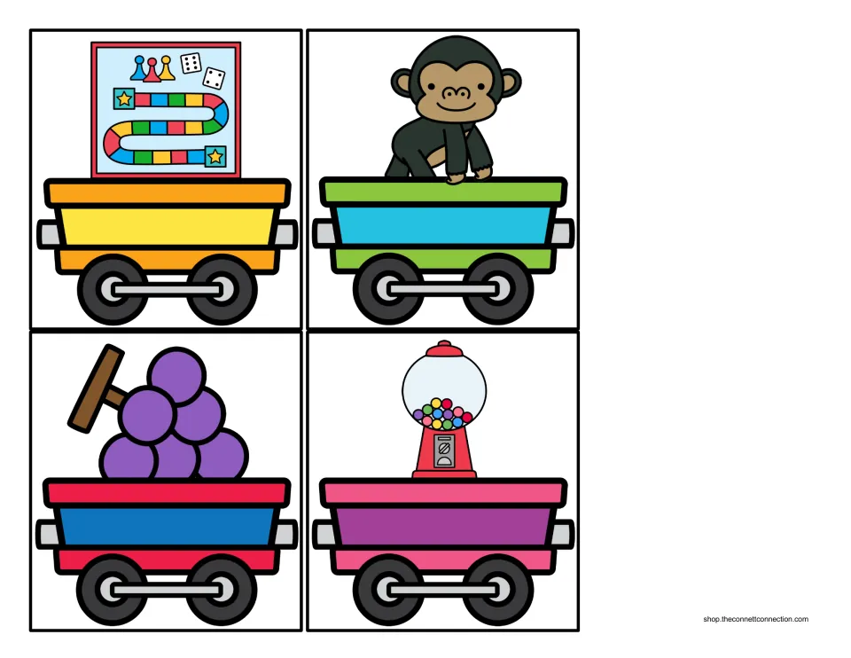 Beginning sound cargo cards for G: train cars carrying a board game, a gorilla, grapes and a gumball machine to sort