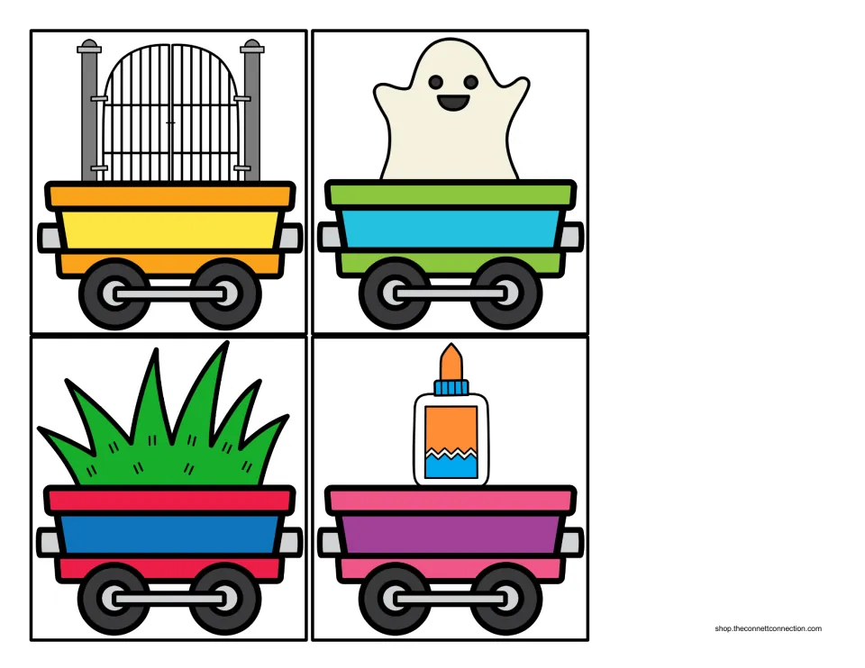 G sound cargo cards showing train cars that carry a gate, a ghost, grass and a bottle of glue for the beginning sound sort