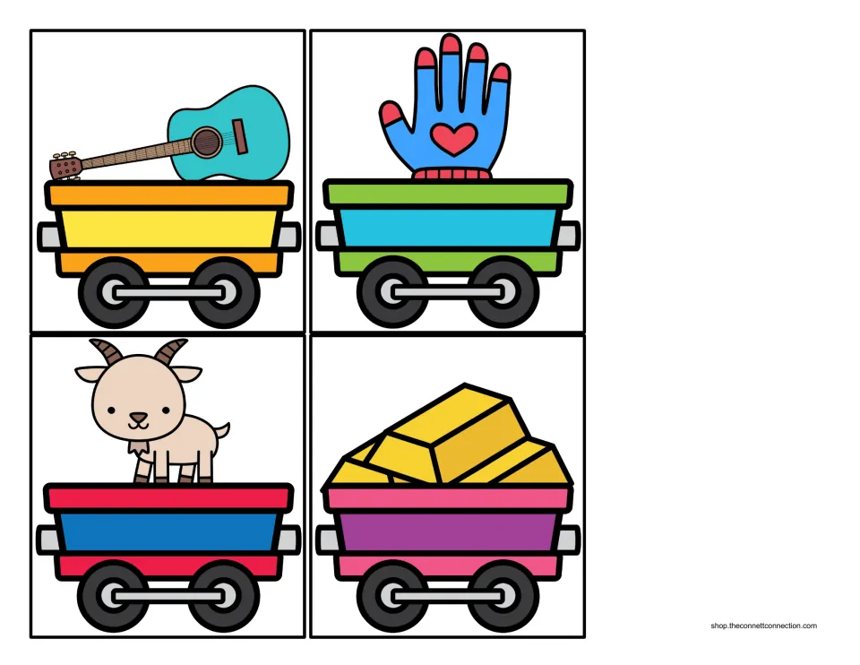 More cargo cards with pictures starting with G: a guitar, a glove, a goat and gold bars riding in train cars to sort
