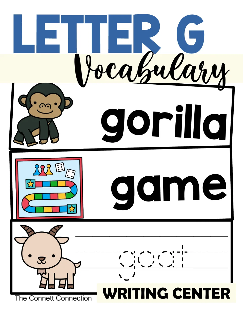 Letter G vocabulary writing center cover showing gorilla and game picture-word cards and a goat card with a word to trace