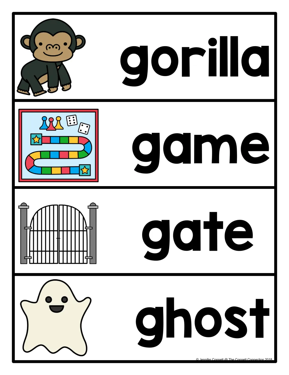 G word picture cards: a gorilla, game board, gate and ghost, each illustration labeled with its word in lowercase print
