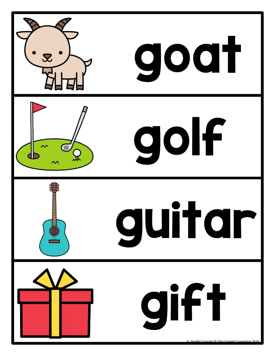Initial g sound vocabulary cards for goat, golf, guitar and gift, each picture paired with the word for naming and reading