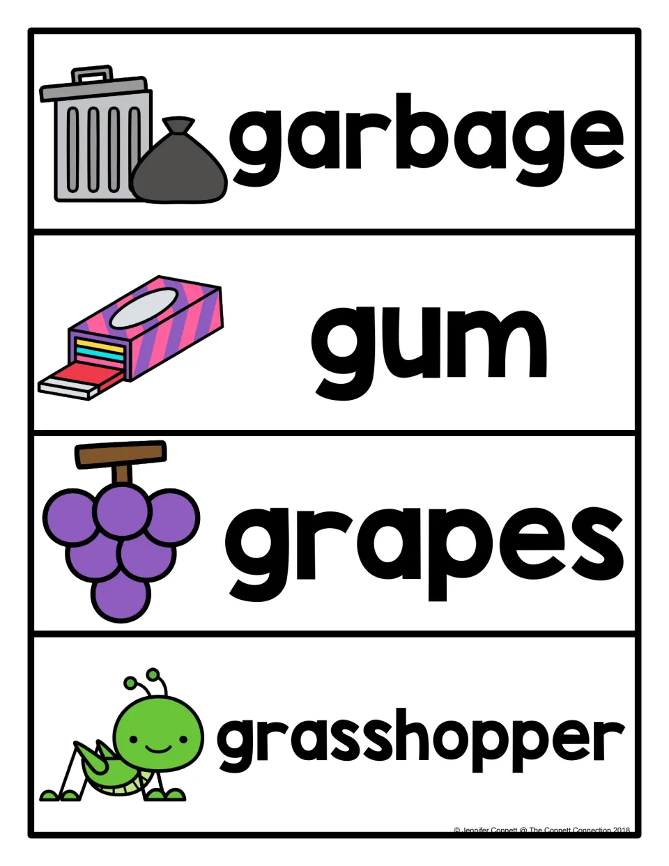 Beginning-sound g word cards showing garbage, gum, grapes and grasshopper with illustrations to name and read aloud