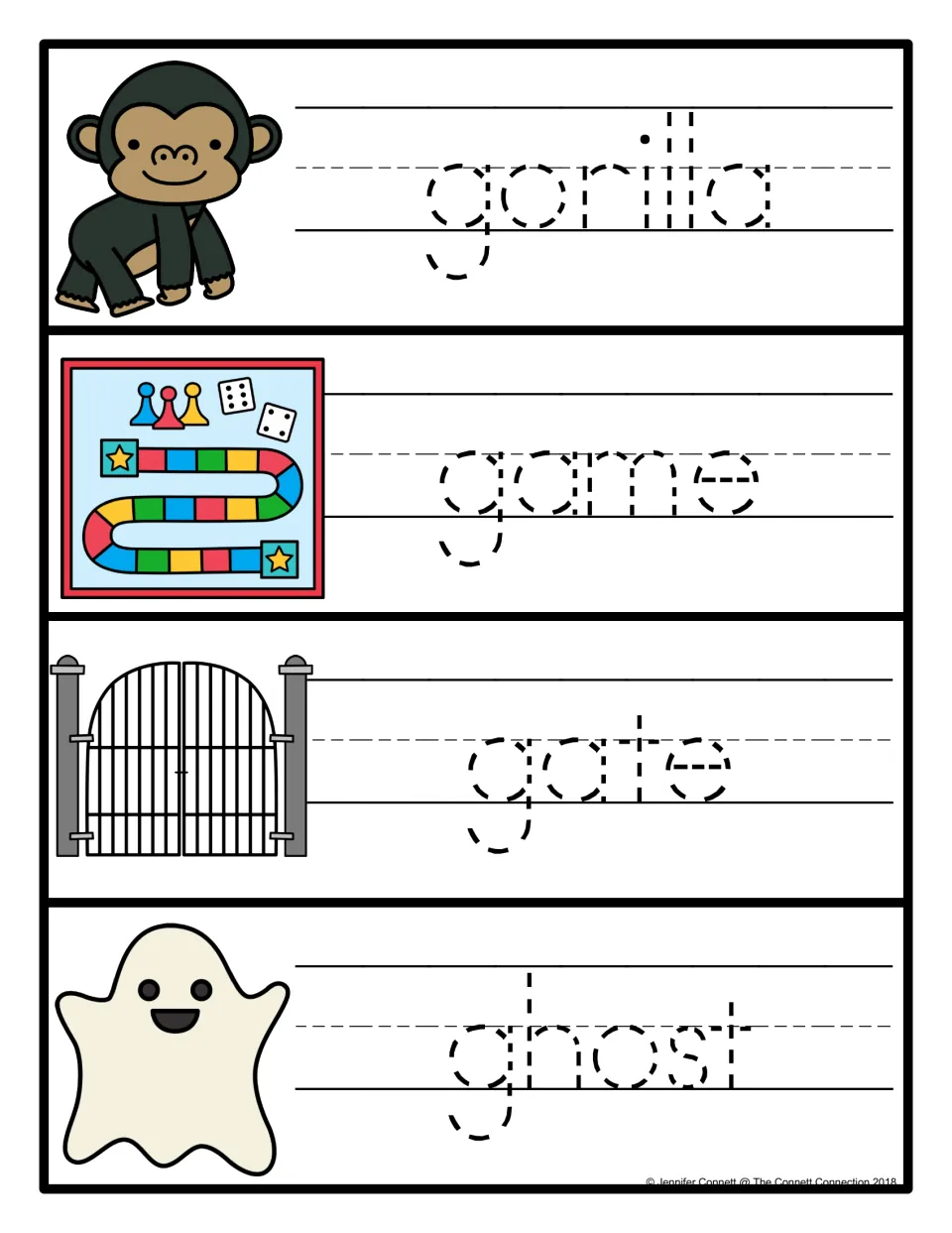 Handwriting practice: students trace the dashed lowercase words gorilla, game, gate and ghost beside each matching picture