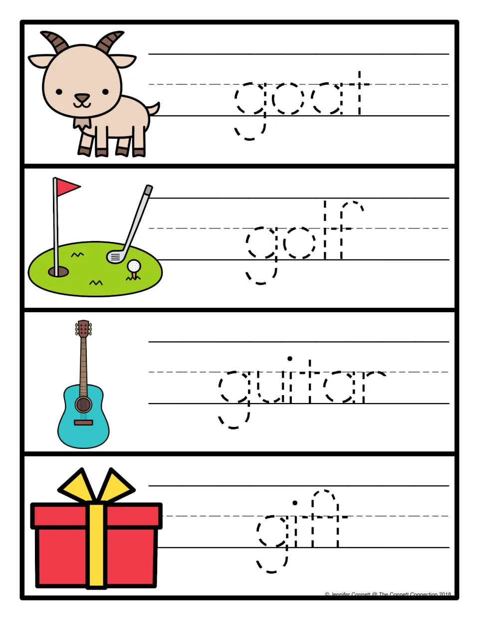 Tracing cards for goat, golf, guitar and gift: children follow the dashed letters to write each g word next to its picture