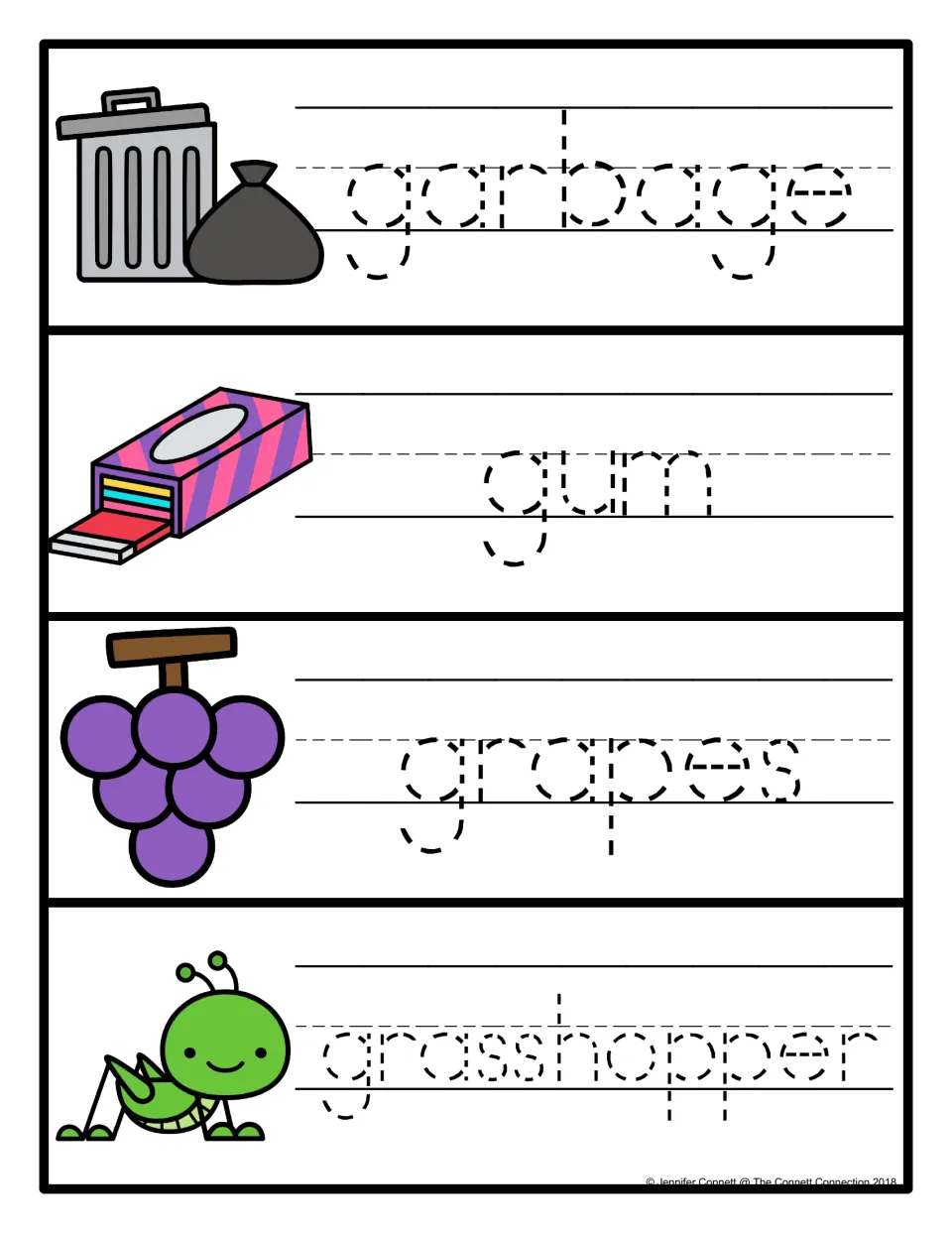 Word tracing for garbage, gum, grapes and grasshopper: students trace each dashed lowercase word beside its illustration