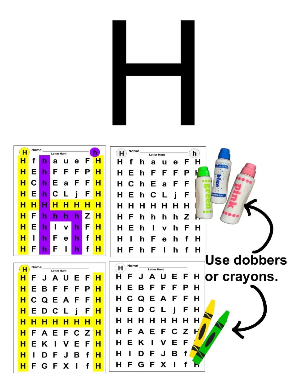 Letter H cover: a large capital H above four Letter Hunt sheets, with a note to use dobbers or crayons to color