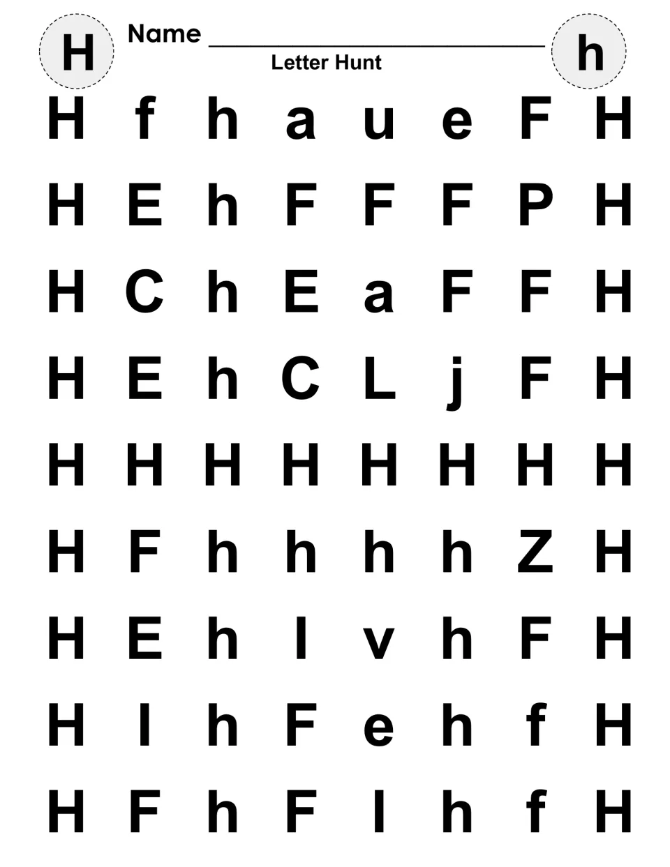Letter Hunt for H and h: students find and color capital H and lowercase h among mixed letters to reveal two letter shapes