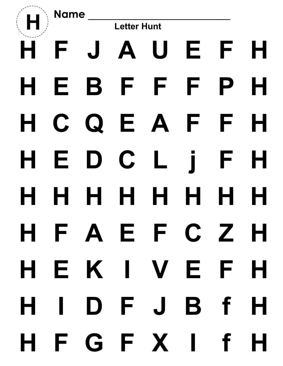 Letter Hunt, capital H only: students search rows of letters like F, J, A and E and color each H to uncover a large H