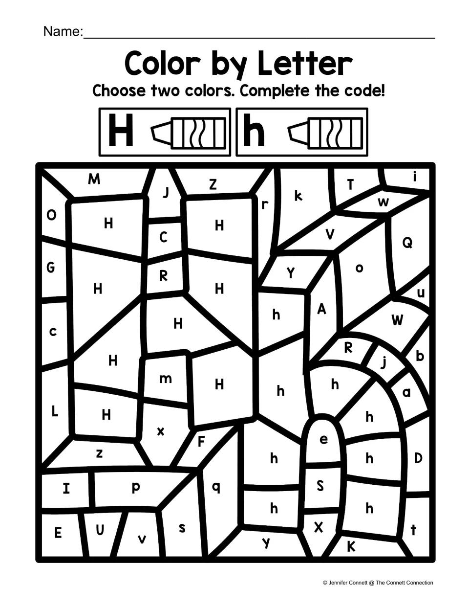Letter H color-by-code worksheet using separate colors for uppercase H and lowercase h to reveal both letters