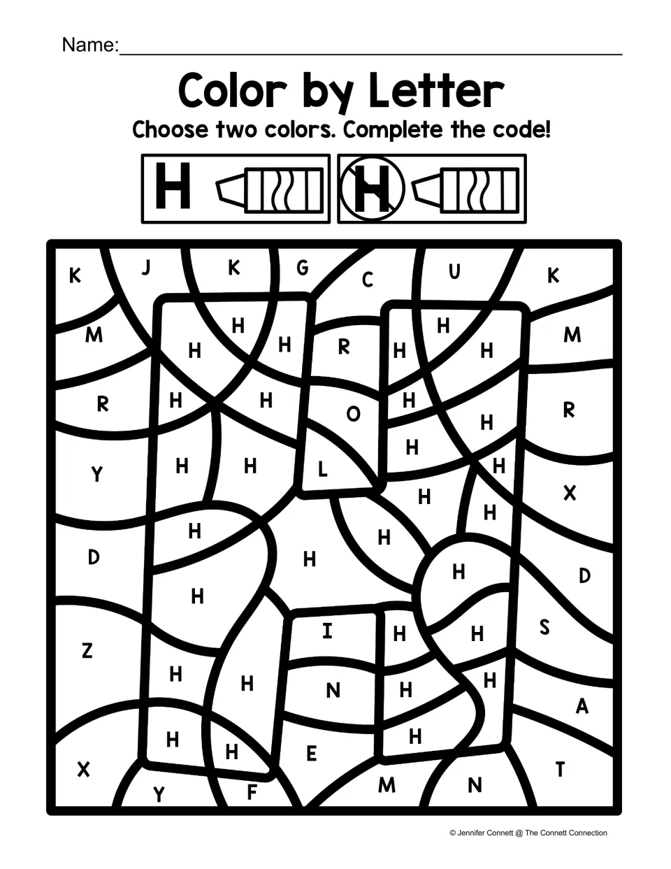 Letter H color-by-code worksheet revealing a large uppercase H by coloring H differently from other letters