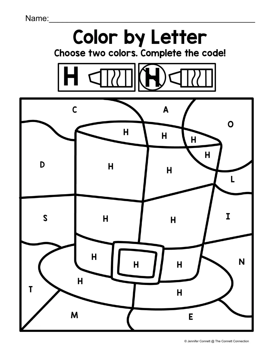 Letter H color-by-code worksheet showing a tall hat, with uppercase H inside and other letters outside