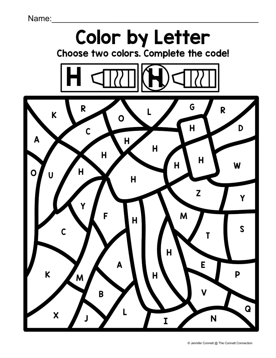 Letter H color-by-code worksheet showing a hammer, with uppercase H marking its head and curved handle