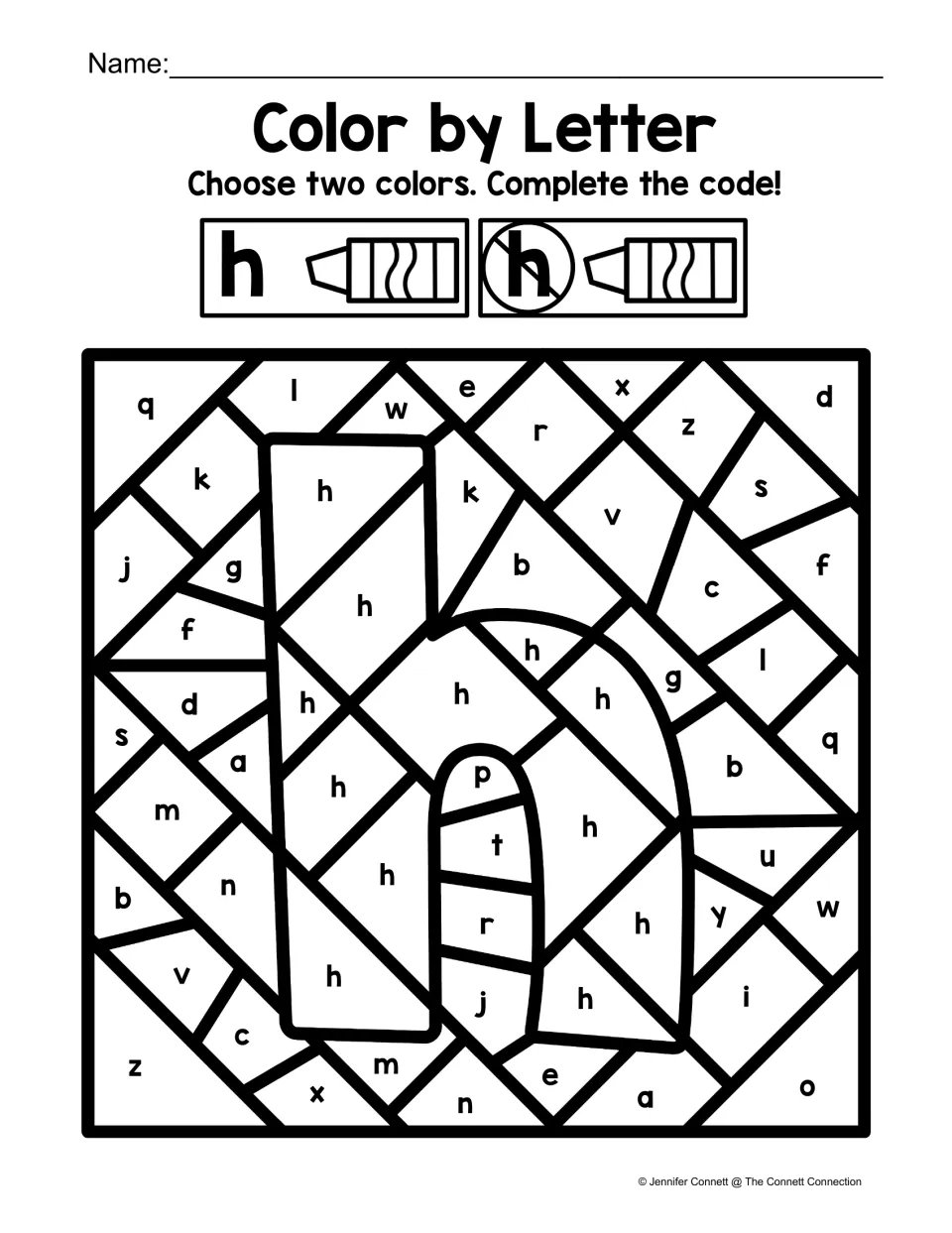 Letter H color-by-code worksheet revealing a large lowercase h by coloring h differently from other letters
