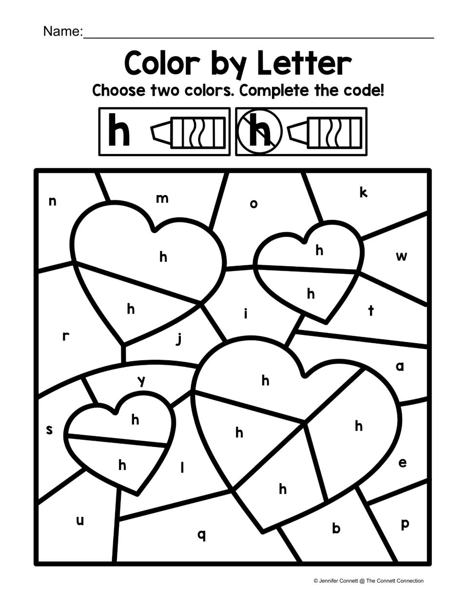Letter H color-by-code worksheet showing four hearts labeled with lowercase h among other lowercase letters