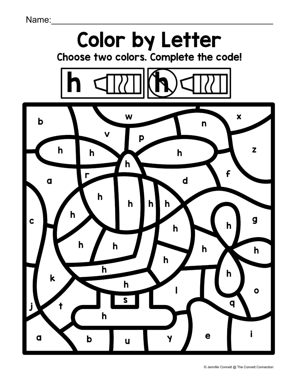 Letter H color-by-code worksheet showing a helicopter labeled with lowercase h among other lowercase letters