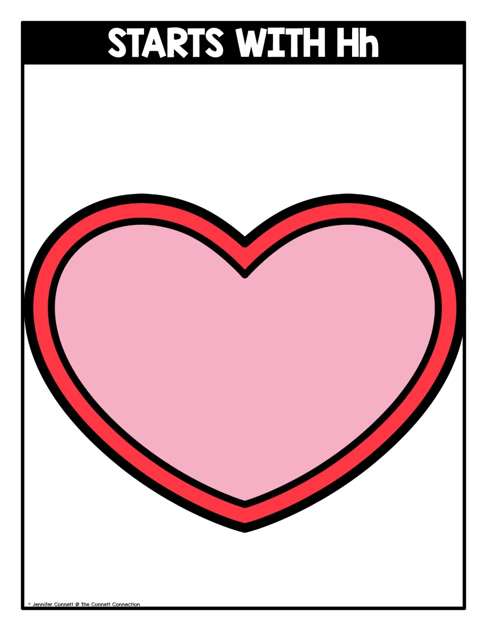 Letter H beginning sound sort mat headed "Starts with Hh" with a large pink heart where students place H picture cards