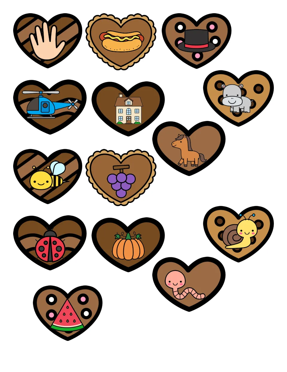 14 heart picture cards to cut out and sort by beginning sound: hand, hat, horse, house, hippo, bee, grapes, worm