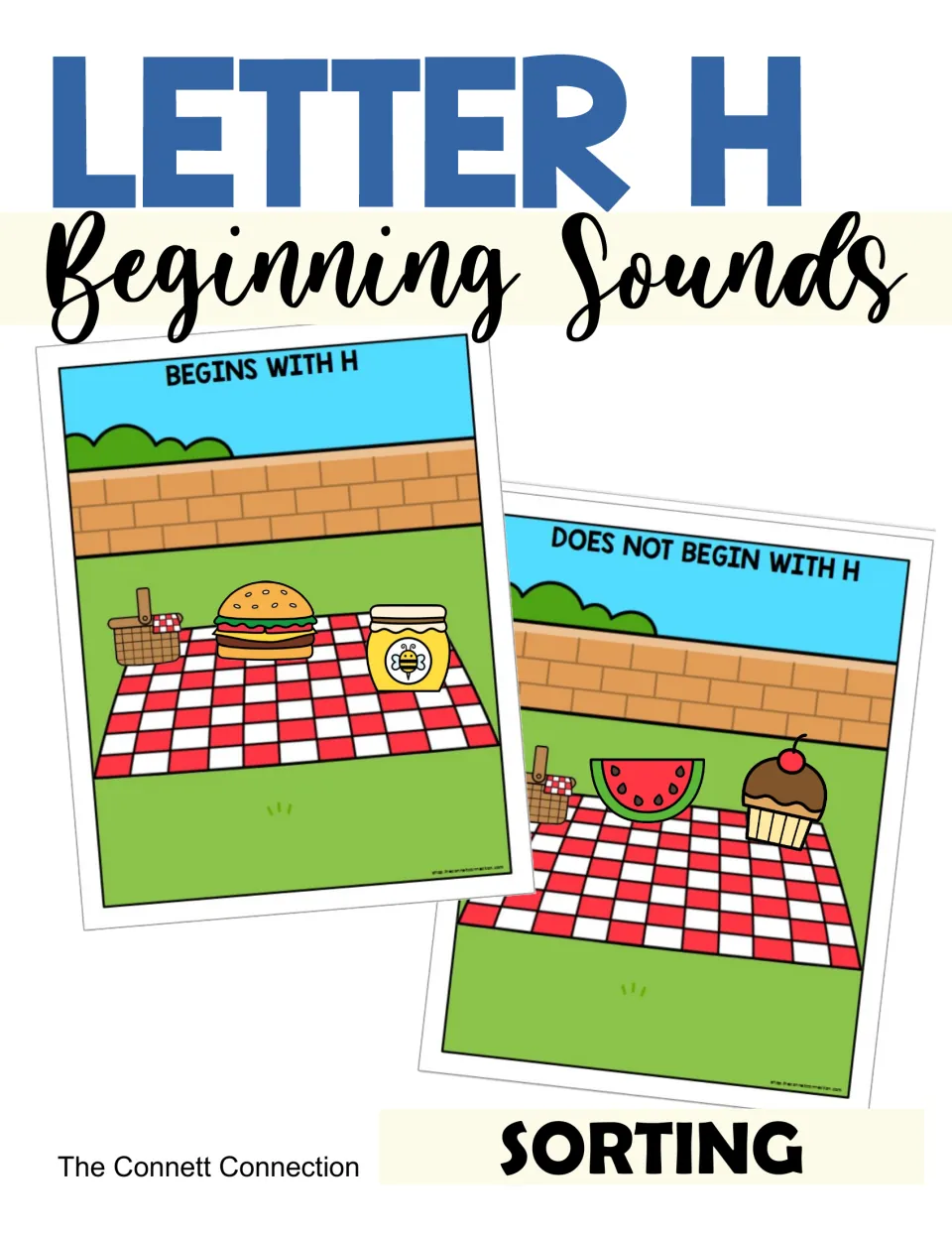 Cover of the letter H beginning sound sort showing food pictures placed on the two picnic sorting mats