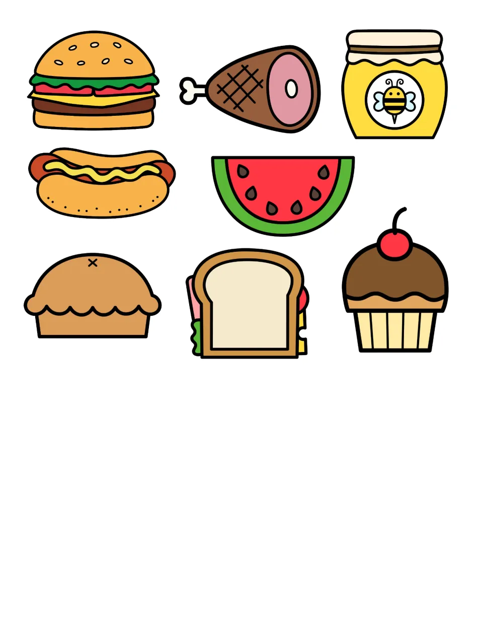 Eight food cutouts for sorting: hamburger, ham, honey, hot dog, watermelon, pie, sandwich, and cupcake