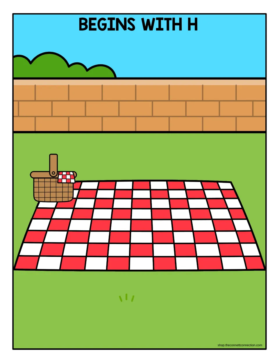 Picnic sorting mat labeled “BEGINS WITH H” for placing food pictures whose names start with the H sound