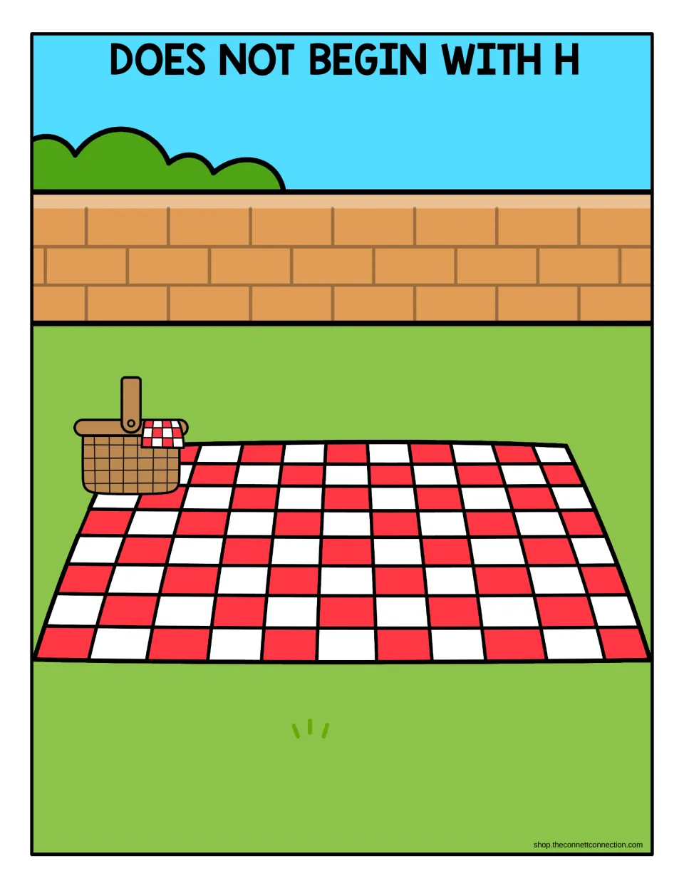 Picnic sorting mat labeled “DOES NOT BEGIN WITH H” for food pictures whose names start with other sounds